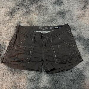 Khaki grey Miss me cargo shorts with rhinestone and fleur de Lis details